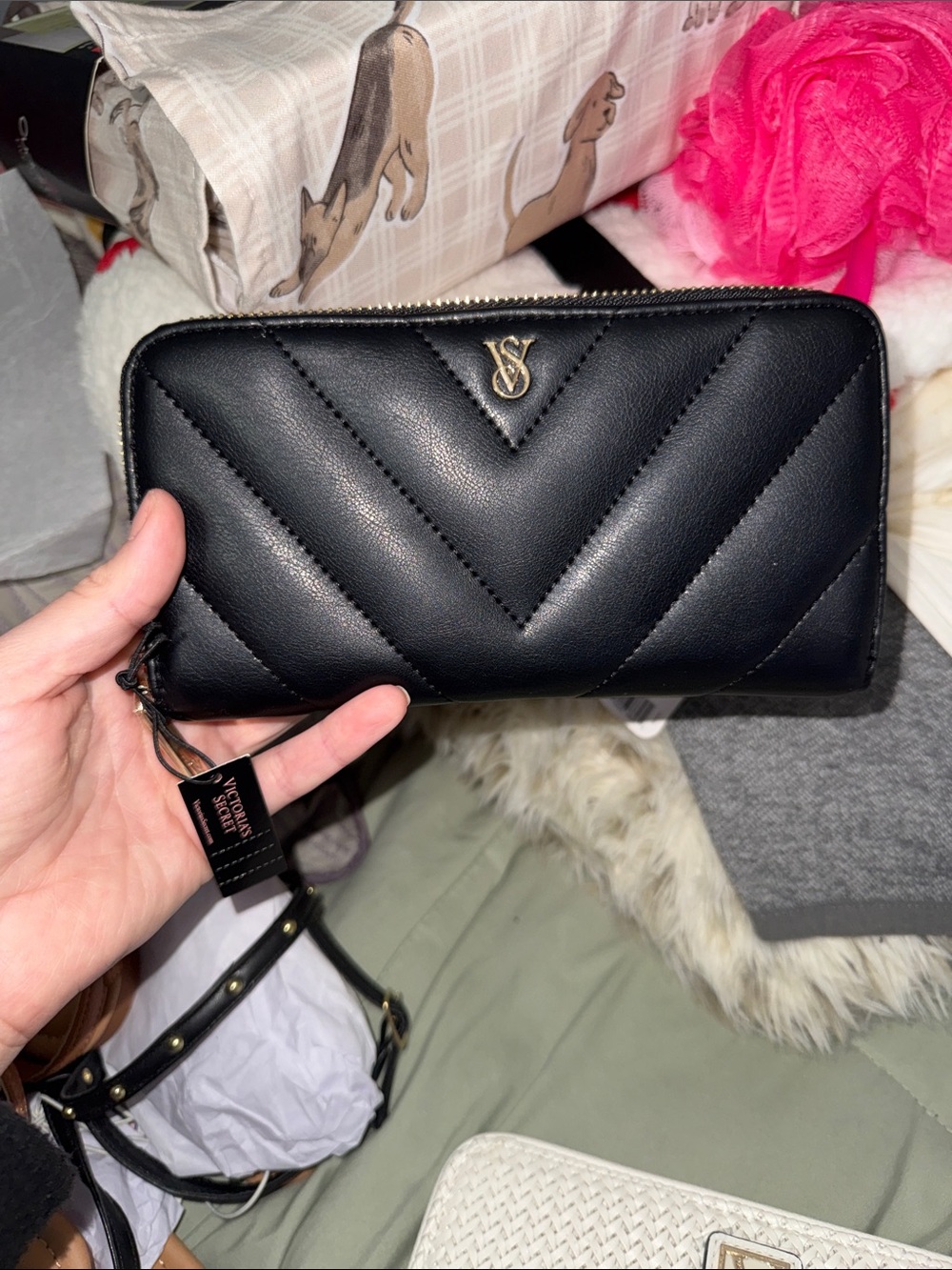 Victoria's Secret Black Quilted Zip-Around Wallet with Gold Hardware